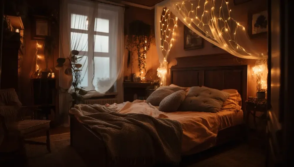 fairy light canopy hanging over bed